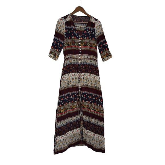Boho Patchwork Maxi Dress‎ Floral Print Button Front V Neck 3/4 Sleeve - Picture 2 of 11